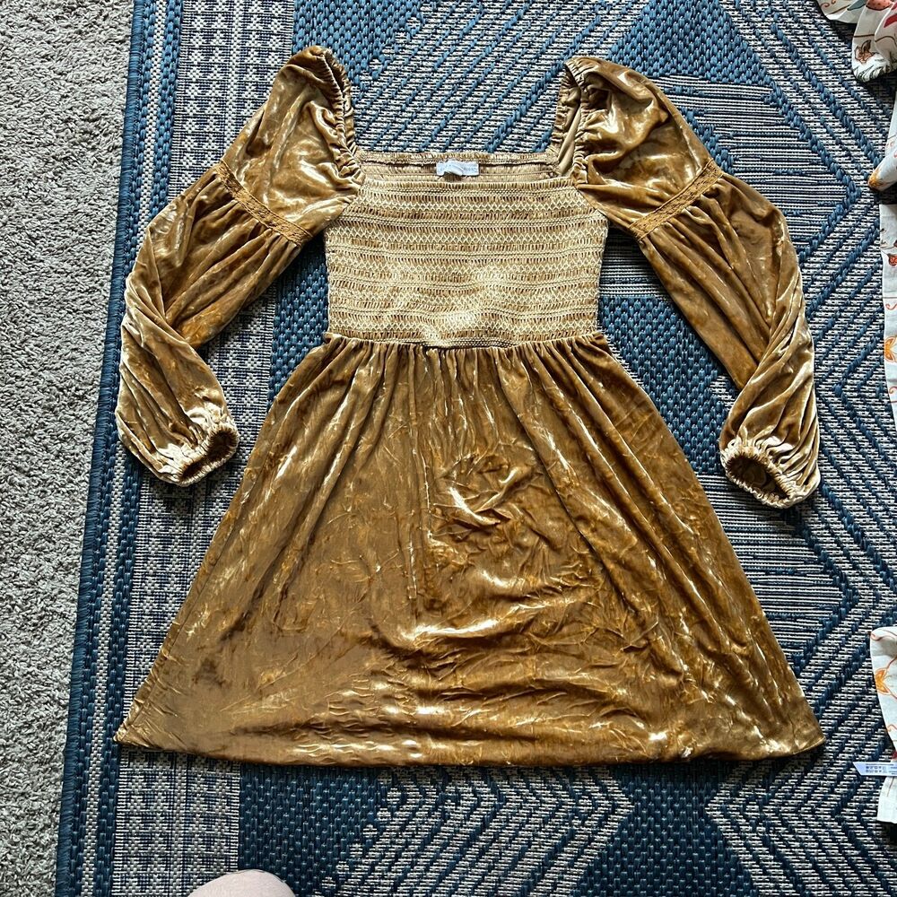 Renaissance boho festival whimsygoth romantic gold crushed velvet dress S
